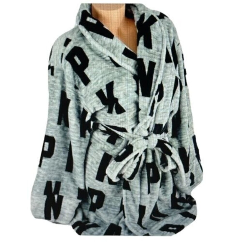 Pink Victoria's Secret Gray/Black Short Plush Robe Size XS/S EUC #3550